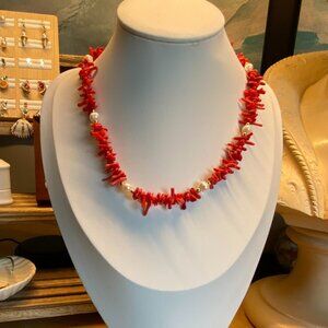 M183 Freshwater Pearl Red Coral Chip Gold Bead Necklace Beach Boho Mermaid Vibes